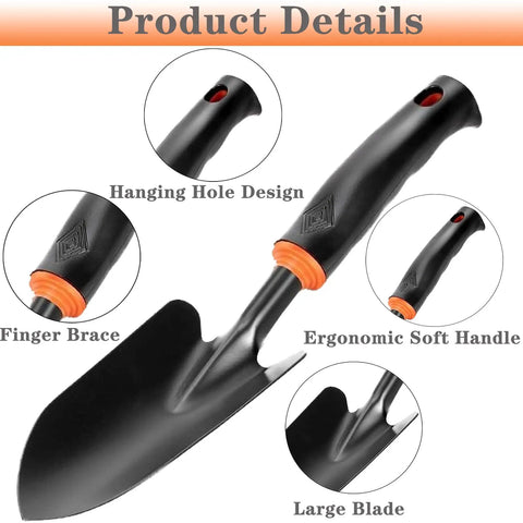 Close-up of Heavy Duty Garden Trowel with ergonomic non-slip grip, rust-resistant finish, large blade, and hanging hole design.