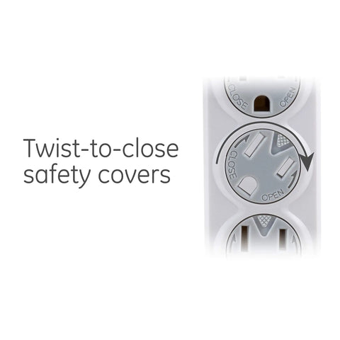 Close-up of twist-to-lock safety covers on Four Outlet Power Strip With 1.5 Foot Extension Cord Built In Circuit Breaker UL Listed White