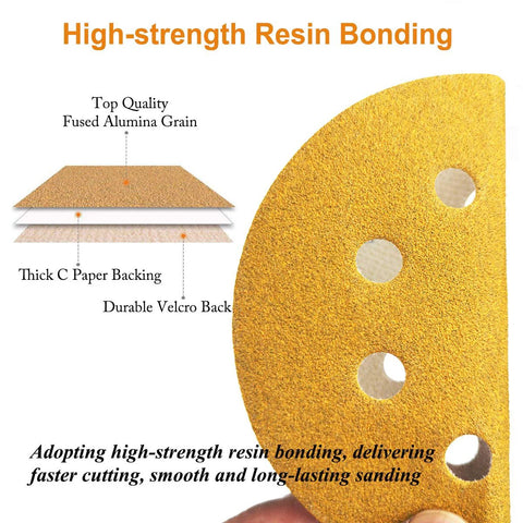 Front view of 5-inch Aiyard 8-hole hook-and-loop sanding disc, 220-grit, gold