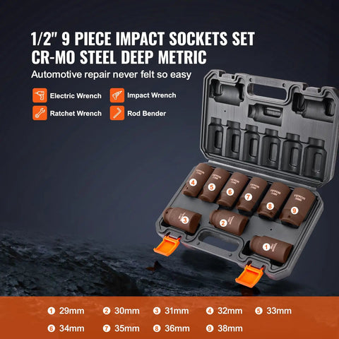 1/2-inch drive 9 piece deep metric impact socket set Cr-Mo steel with size markings in storage case, for auto repair.