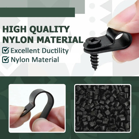 100 Pack 1/4 Inch R Type Cable Clamps Nylon P Type Wire Clips with Screws Included shown with nylon material detail.