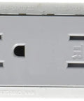 Heavy Duty Tamper Resistant Decora Wall Outlet Featuring Gray Shutter Lockout And Integrated Speed Anchors For Dead Nuts Child Safety And Snappy Residential Install, top view image of gray outlet.