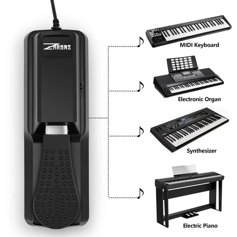 Universal Sustain Pedal For Keyboard And Digital Piano With Polarity Switch Anti Slip Design For Stable Footing And Smooth Expression Works With Any Keyboard And Plug And Play Accessory For Pianists And Keyboard Players with connection options to MIDI keyboard, electronic organ, synthesizer, and electric piano.