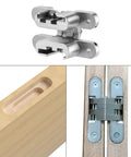 Hidden Door Hinge 0 to 180 Degree Opening Zinc Alloy Door Hardware Silver Small Size, shown in various installation views