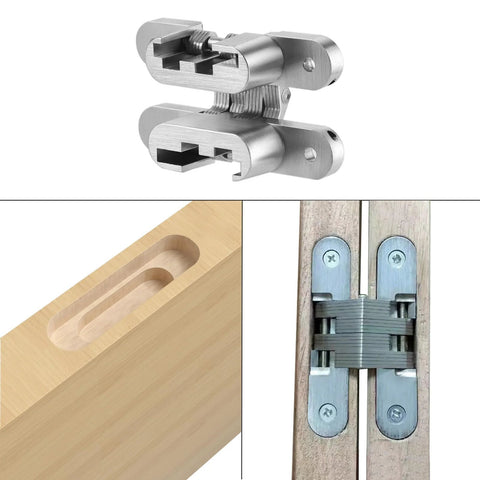 Hidden Door Hinge 0 to 180 Degree Opening Zinc Alloy Door Hardware Silver Small Size, shown in various installation views