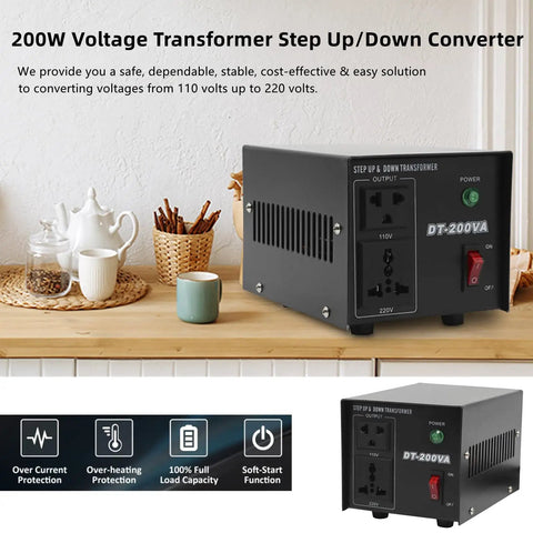 Beefy Heavy Duty Voltage Converter Transformer Step Up Down 110V To 220V And 220V To 110V For International Travel And Home Use With 5000W Capacity And Dual Circuit Breakers on kitchen counter.