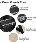 Bling Center Console Cover With Leather Arm Rest Cushion And Dual Storage Pockets Universal Auto Armrest Protector Silver Interior Accessory For Most Vehicles featuring diamond stitching and elastic band