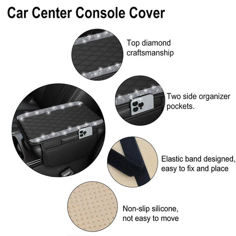 Bling Center Console Cover With Leather Arm Rest Cushion And Dual Storage Pockets Universal Auto Armrest Protector Silver Interior Accessory For Most Vehicles featuring diamond stitching and elastic band