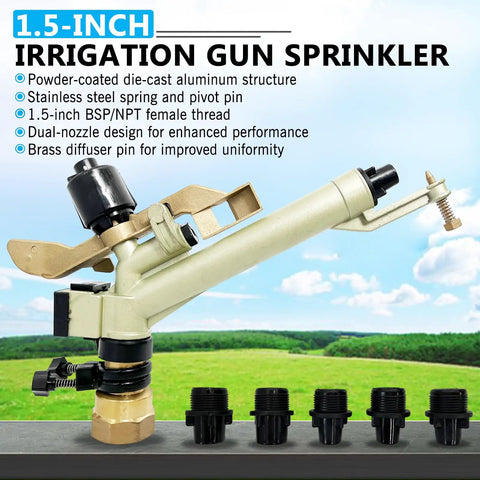 1.5 Inch Irrigation Sprinkler For Farm And Lawn, 360 Degree Adjustable Sprayer With Aluminum Alloy Body displayed with nozzles