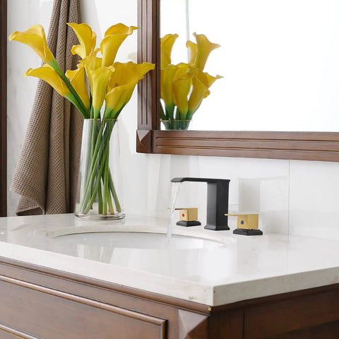 Waterfall Bathroom Faucet With Black And Brushed Gold Finish 8 Inch 3 Hole Vanity Sink Mixer Tap Dual Handles