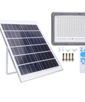 Mingzhe LED Solar Flood Light 400W with solar panel, remote control, and mounting hardware for outdoor use.