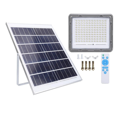 Mingzhe LED Solar Flood Light 400W with solar panel, remote control, and mounting hardware for outdoor use.