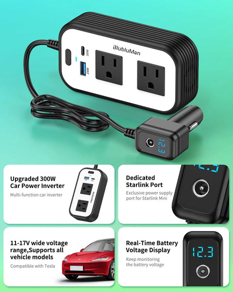 Plug Straight Into Your Ride With This Dope 300W Car Power Inverter Designed For Starlink Mini Users Plus Dual 110V AC Outlets Quick Type C Charging USB Ports And A Smart Digital Meter That Keeps Your Daily Commute Vibes Totally Smooth Today, showing 300W inverter with dual AC outlets and USB ports.