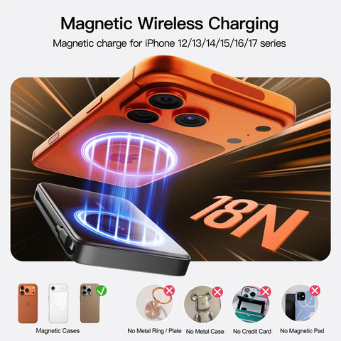 Magnetic Portable Charger With Built In Cable 10000mAh Power Bank Featuring Smart Led Display And Quick Charge charging an iPhone with magnetic alignment.