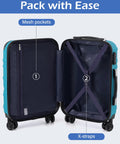 Two blue hardside suitcases opened to show left interior mesh pocket and right X-shaped straps.