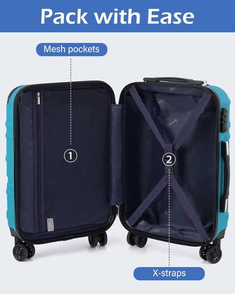 Two blue hardside suitcases opened to show left interior mesh pocket and right X-shaped straps.