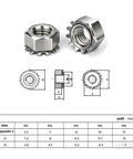 Top Grade 304 Stainless Steel Metric K-Type Serrated Hex Lock Nuts With External Toothed Polydentate Design M3 to M10 with dimensions.