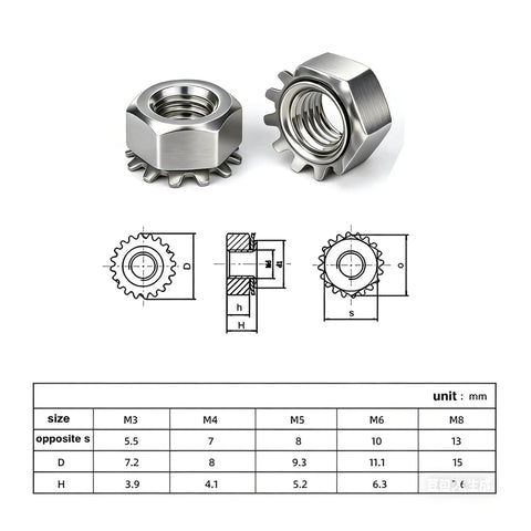 Top Grade 304 Stainless Steel Metric K-Type Serrated Hex Lock Nuts With External Toothed Polydentate Design M3 to M10 with dimensions.