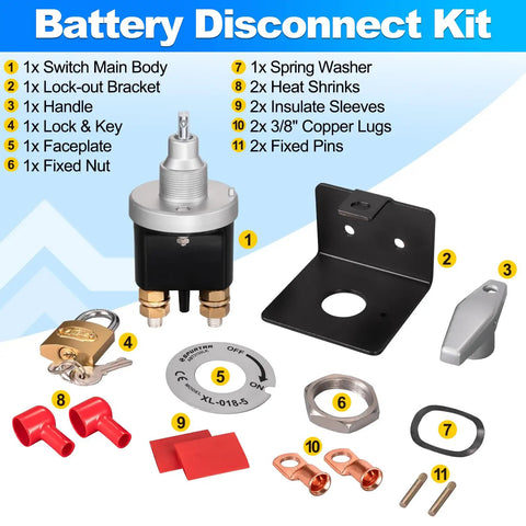 Beefy Heavy Duty Battery Disconnect Switch 12V 24V 36V With Lock Out Plate 500A Continuous 5000A Peak Safe Isolator For Car Boat RV Marine Off Grid Electrical System kit parts