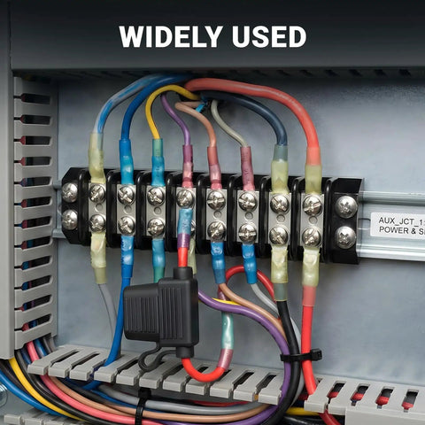 Marine Grade Heat Shrink Ring Terminal Kit with 300 pcs in electrical setup, showcasing adhesive lined connectors for Boat RV Automotive.
