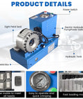 110V Electric Hydraulic Hose Crimper Kit With 9 Die Set and Limit Switch, displaying control panel, die holders, and mold box.