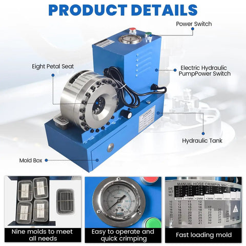 110V Electric Hydraulic Hose Crimper Kit With 9 Die Set and Limit Switch, displaying control panel, die holders, and mold box.