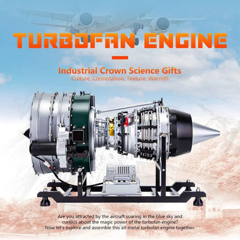 Mechanical Turbofan Engine Model Kit One Tenth Scale Electric DIY Assembly With One Thousand Piece Build Realistic Turbine Stages For Hands On STEM Education Toy For Teens And Adults, all-metal on stand