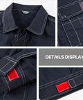 Custom Heavy Duty Work Jacket For Men And Women, Rugged Tear Resistant Mechanic Outerwear, Personalized Company Logo Team Gear Shop Ready Utility Coat With Full Print details with collar, pocket, and sleeve design.