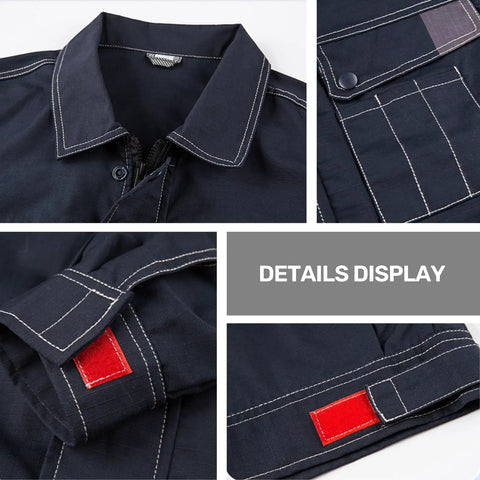 Custom Heavy Duty Work Jacket For Men And Women, Rugged Tear Resistant Mechanic Outerwear, Personalized Company Logo Team Gear Shop Ready Utility Coat With Full Print details with collar, pocket, and sleeve design.