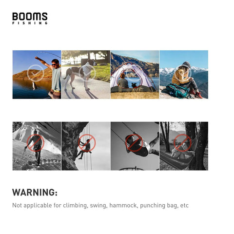 Collage showing 2.3 Inch Aluminum Carabiner Clip Keychain Set use while hiking, camping, fishing, and not for climbing or hammocks.