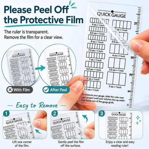 Super Crisp Acrylic Gauge Ruler For Knitting And Crochet No Sweat Stitch Measurement Guide With Transparent Grid showing peeling film.