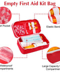 Open red first aid bag showing mesh pockets, elastic bandage, and compartments. Eight Pack Empty First Aid Bags For Camping, Hiking, Travel And Home Office Use, Portable Medical Storage Pouches, Waterproof 600D Oxford, Red Emergency Kit Organizer Set For On The Go.