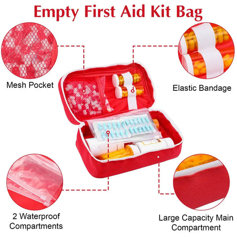 Open red first aid bag showing mesh pockets, elastic bandage, and compartments. Eight Pack Empty First Aid Bags For Camping, Hiking, Travel And Home Office Use, Portable Medical Storage Pouches, Waterproof 600D Oxford, Red Emergency Kit Organizer Set For On The Go.