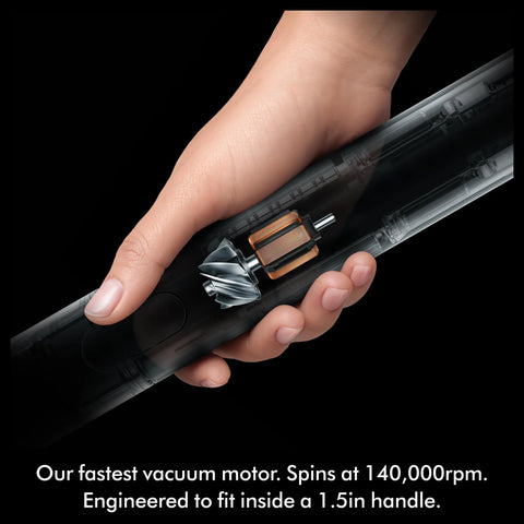 Dyson PencilVac Fluffycones cordless vacuum motor module with copper coils inside a transparent wand.