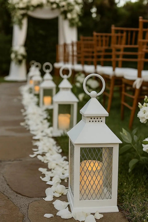 Wedding aisle with 12 Piece 10 Inch Decorative Lantern Set With Flameless LED Candles And 5 Hour Timer For Indoor Outdoor Use White Rustic Look