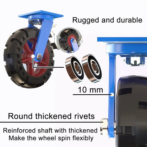 Heavy Duty Industrial Castor Wheels 12 Inch Solid Rubber Puncture Proof 4 Pack Swivel Caster Set showcasing dual ball bearings and rugged design.