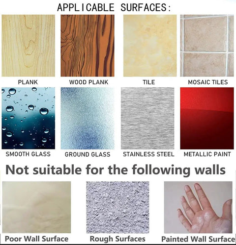 Image showing suitable and unsuitable surfaces for No Drill 24 Pack Nail Free Transparent 304 Stainless Sticky Wall Hangers.