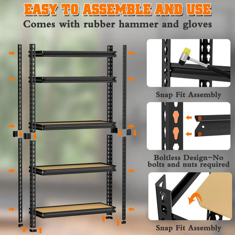 Beefy Heavy Duty Five Tier Metal Storage Shelving Unit with snap fit assembly, 73in tall, 35in long, 16in wide, boltless design