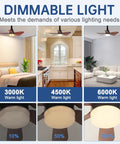 Ceiling Fan With Light Dimmable E26 Socket Dual Function Fan And Light Replaceable LED Board Includes One Spare Bulb Quiet Air Circulation For Laundry Room Garage Kitchen With Wood Grain Finish showing lighting options and dimming levels.