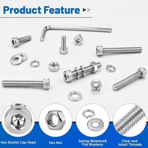 Top Shelf Heavy Duty 960 Piece M3 Hex Socket Head Cap Screw Assortment Kit With Hex Nuts And Flat Washers 304 Stainless Steel components.