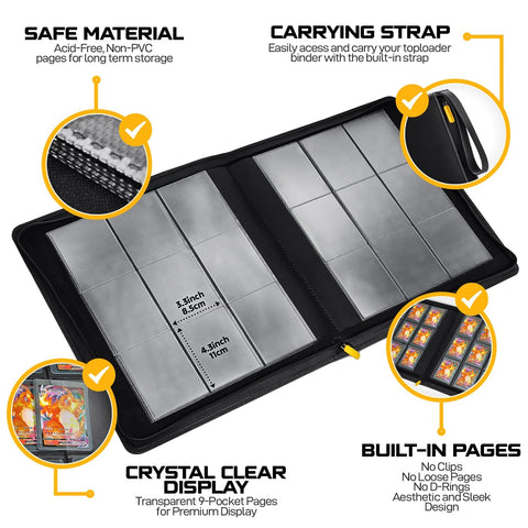 Top Load Card Binder For TCGs And Sports Cards, Holds 252 Toploaders, open view with 9-pocket ringless double-sided pages.