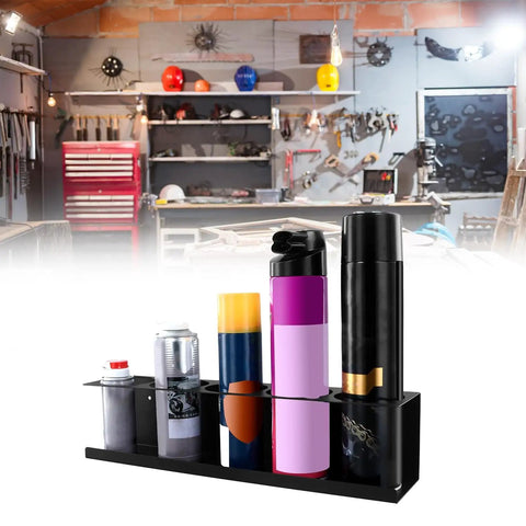 Heavy-Duty Aerosol Can Holder Rack Organizer, Steel Powder-Coated, Holds 20 Cans, Four Pack, shown installed in a workshop