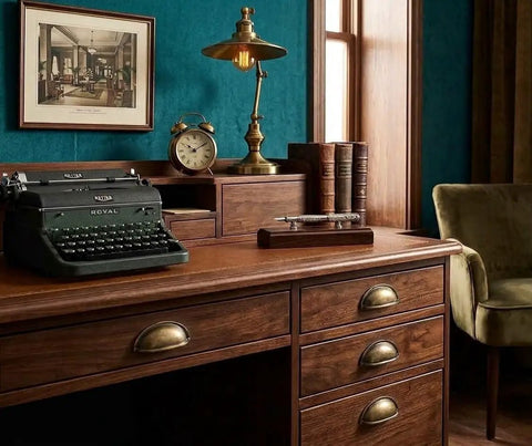 Antique office desk with Royal typewriter, brass lamp, clock, and books in a vintage styled room.