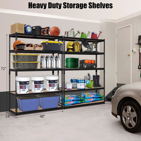 Heavy Duty Metal Storage Shelves 48 x 24 x 72 In Five Tier Adjustable Rack For Garage, Kitchen And Warehouse Ultra Sturdy Versatile Shelving Unit That Grows With Your Stuff, black steel frame in garage