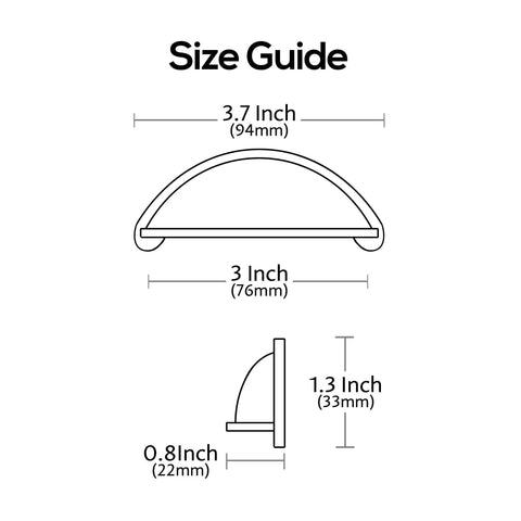Size guide for Premium Upgraded Top Shelf 3 Inch Brushed Antique Brass Cabinet Cup Pulls, dimensions labeled.