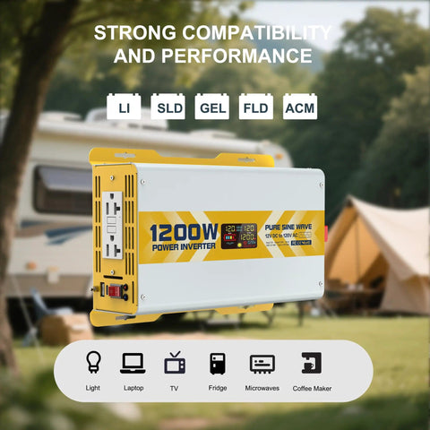 1200W Pure Sine Wave Inverter 12V DC To 120V AC With LCD Display outside RV with compatibility icons visible