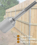 Steel T Post Driver Workhorse Post Hammer For Fencing, 8 Inch Length, Heavy Duty Post Digger Tool in front of a wooden fence.