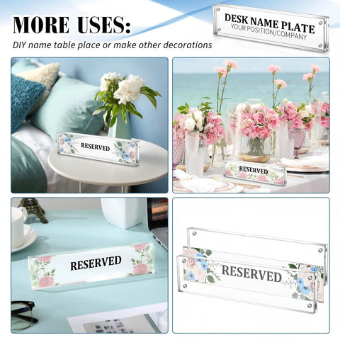 4 Pack Clear Acrylic Desk Name Plates Set With Double Sided Design on display with reserved sign in various settings.