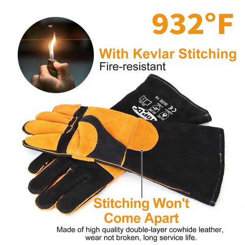 16 Inch Extreme Heat Resistant Leather Welding Gloves With Kevlar Reinforcement And Double Stitching For Mig Tig Stick Welding