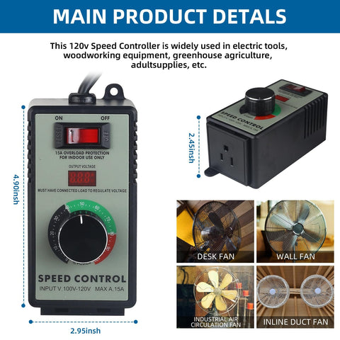 AC Motor Speed Controller 110 To 120V 15A Max With LED Display Overload Protection Electronic Voltage Regulation And Adjustable Fan Regulator For High Wattage Fans And Small Motors Back Clip Mount No Fuss Easy Mount